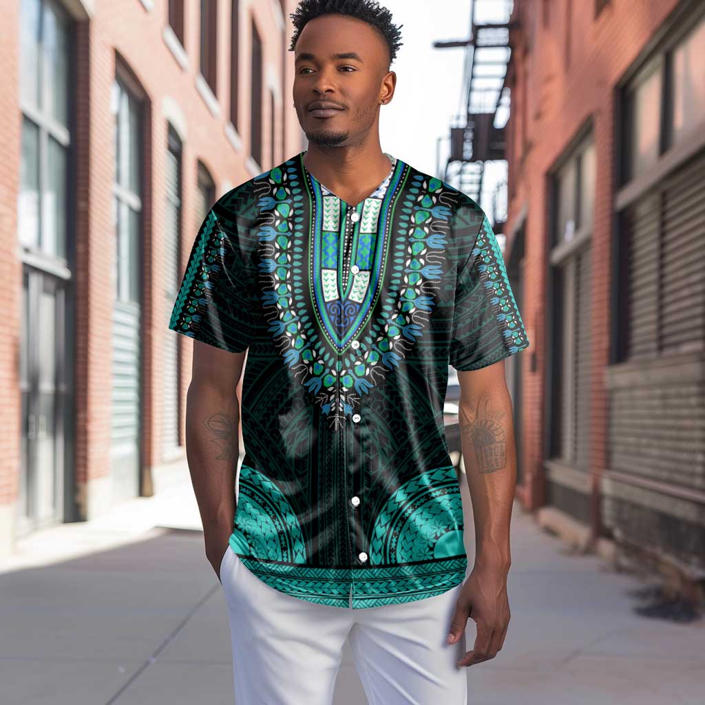 African Dashiki and Polynesian Pattern Baseball Jersey Teal LT9