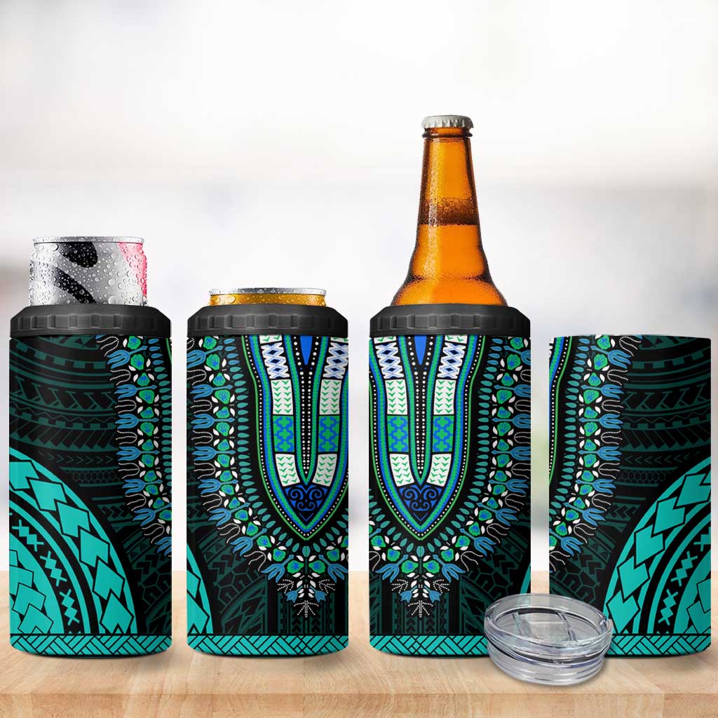 African Dashiki and Polynesian Pattern 4 in 1 Can Cooler Tumbler Teal LT9