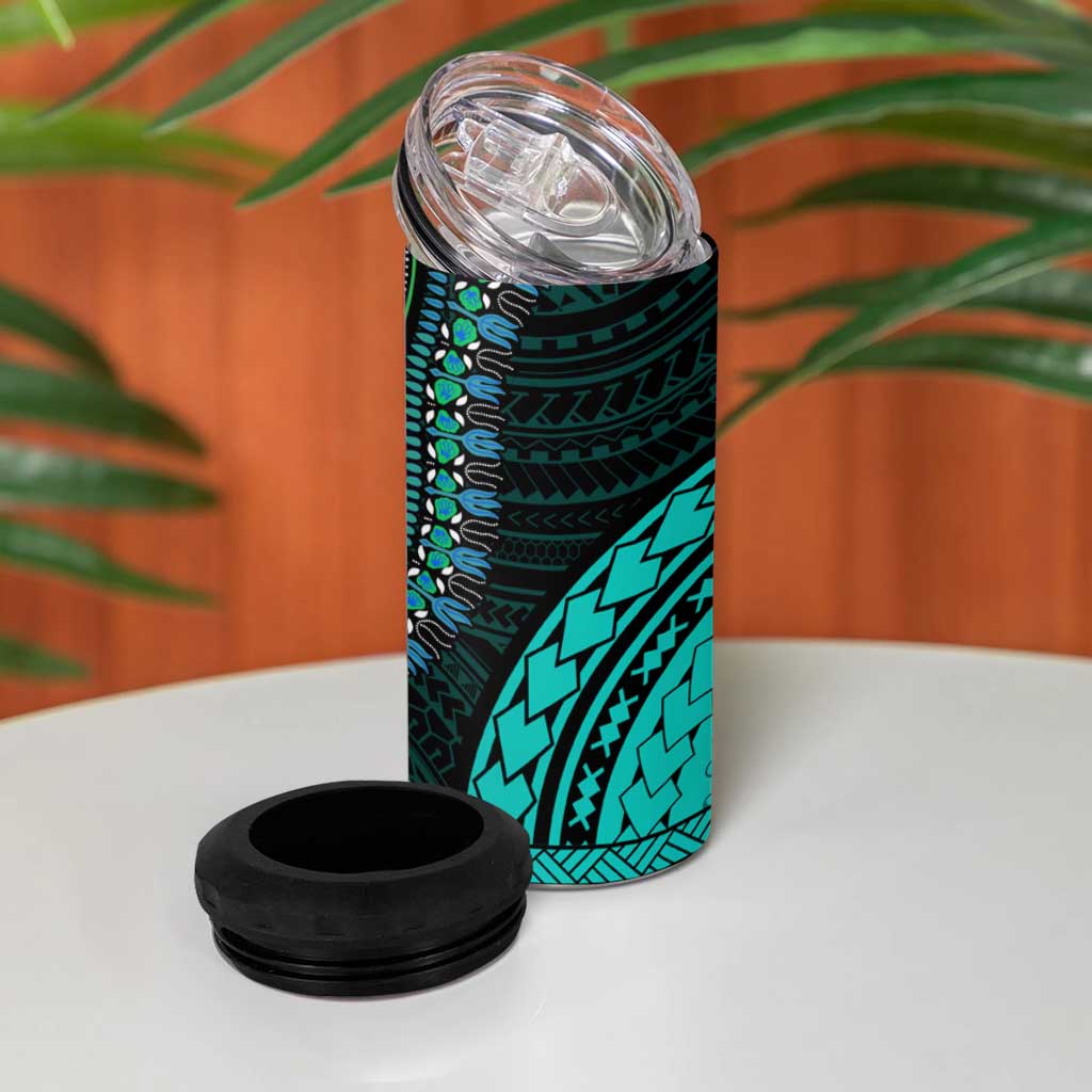 African Dashiki and Polynesian Pattern 4 in 1 Can Cooler Tumbler Teal LT9