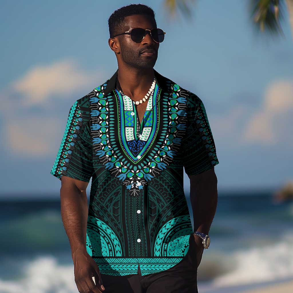 African Dashiki and Polynesian Pattern Hawaiian Shirt Teal LT9