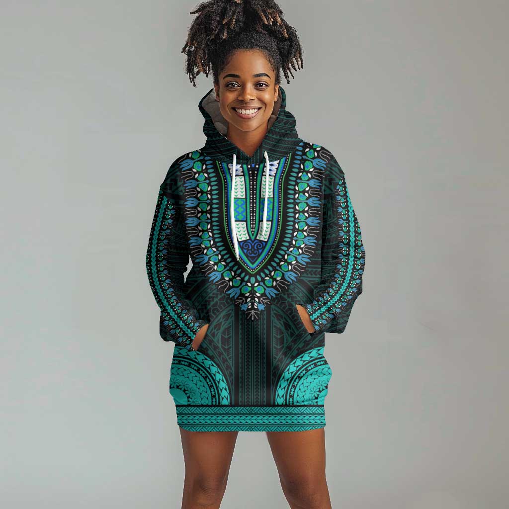 African Dashiki and Polynesian Pattern Hoodie Dress Teal LT9