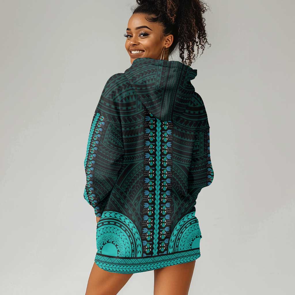 African Dashiki and Polynesian Pattern Hoodie Dress Teal LT9