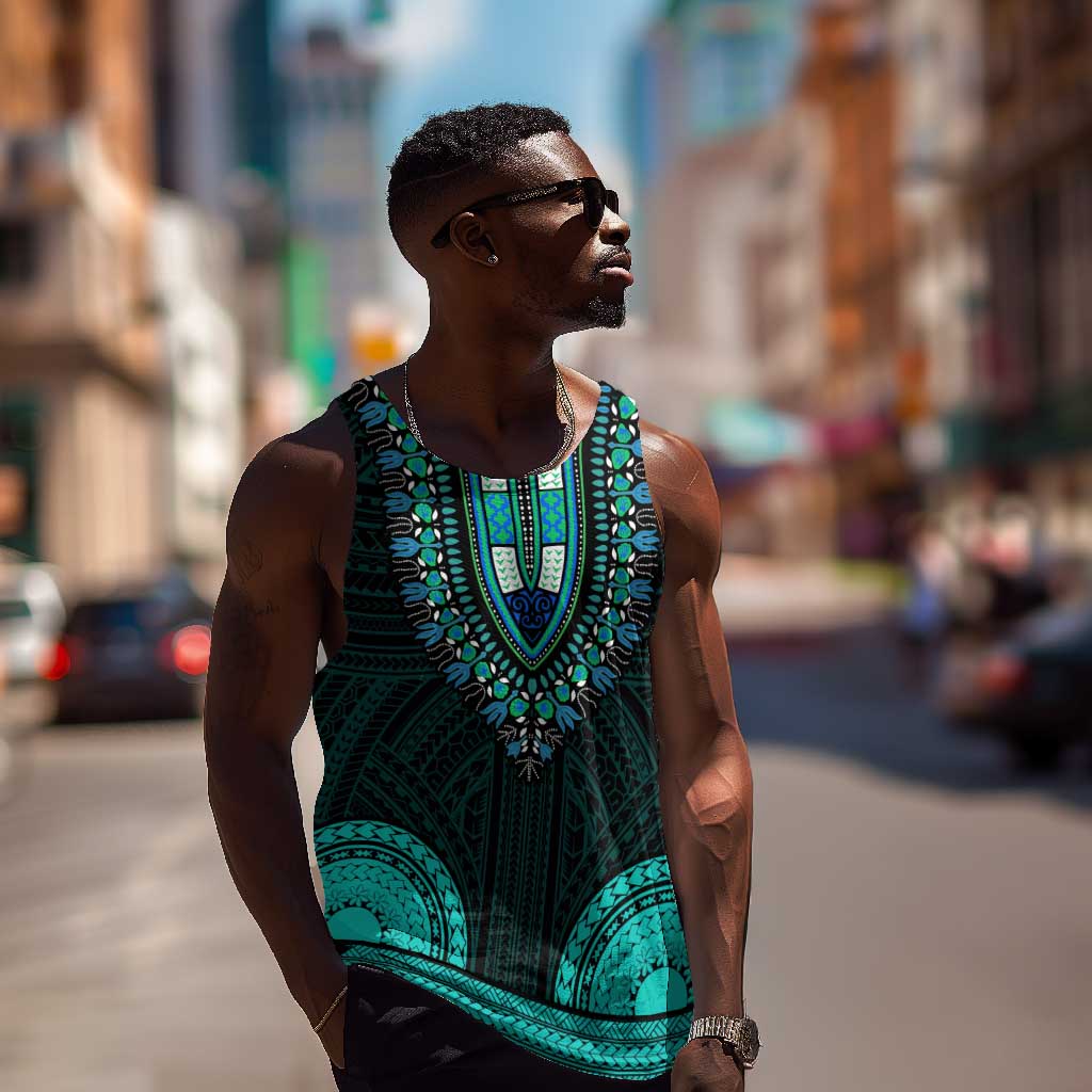 African Dashiki and Polynesian Pattern Men Tank Top Teal LT9