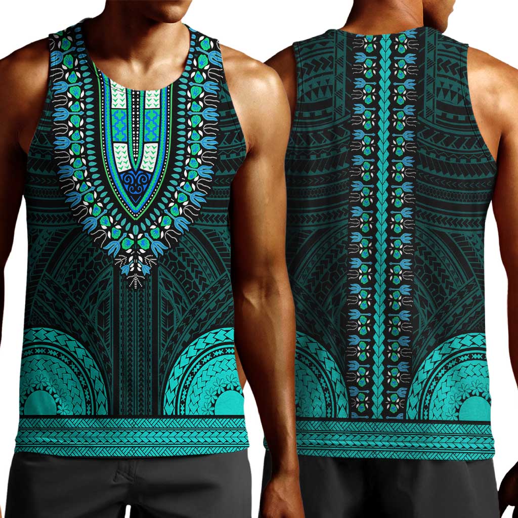 African Dashiki and Polynesian Pattern Men Tank Top Teal LT9