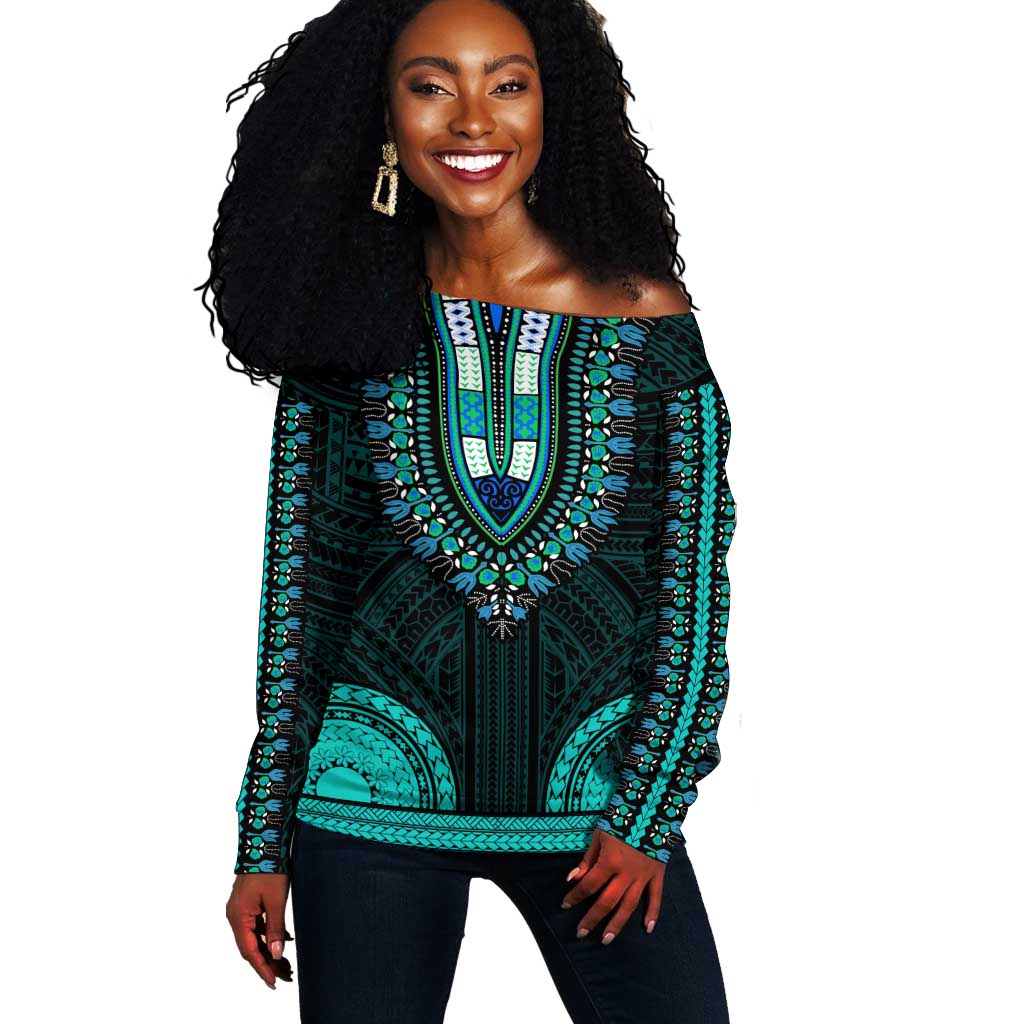 African Dashiki and Polynesian Pattern Off Shoulder Sweater Teal LT9