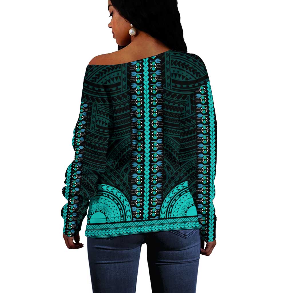 African Dashiki and Polynesian Pattern Off Shoulder Sweater Teal LT9