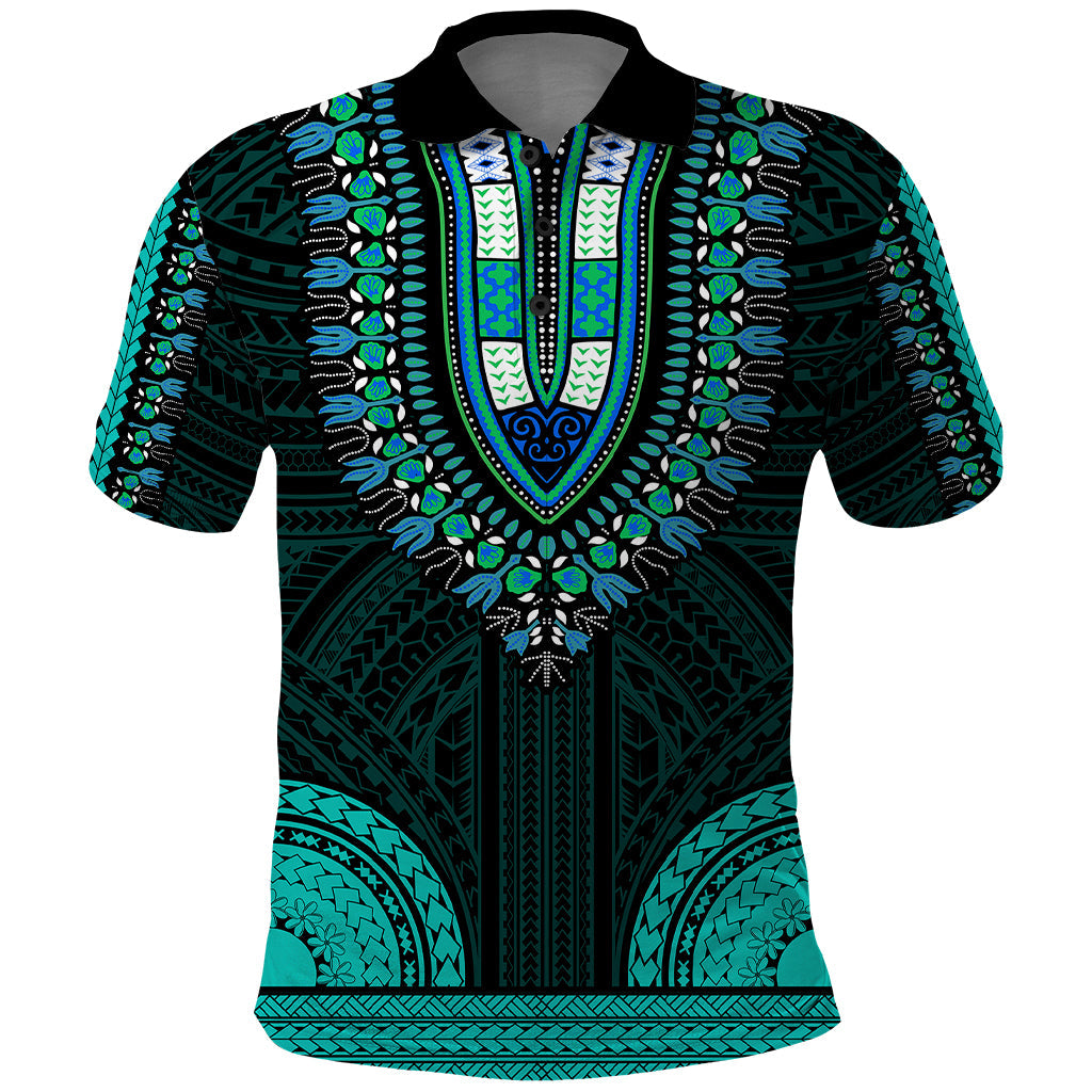 African Dashiki Polo Shirt With Polynesian Pattern - Teal LT9