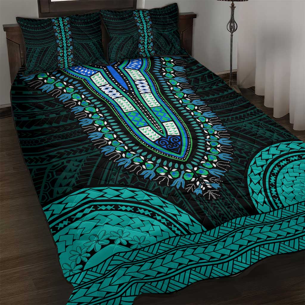 African Dashiki and Polynesian Pattern Quilt Bed Set Teal LT9