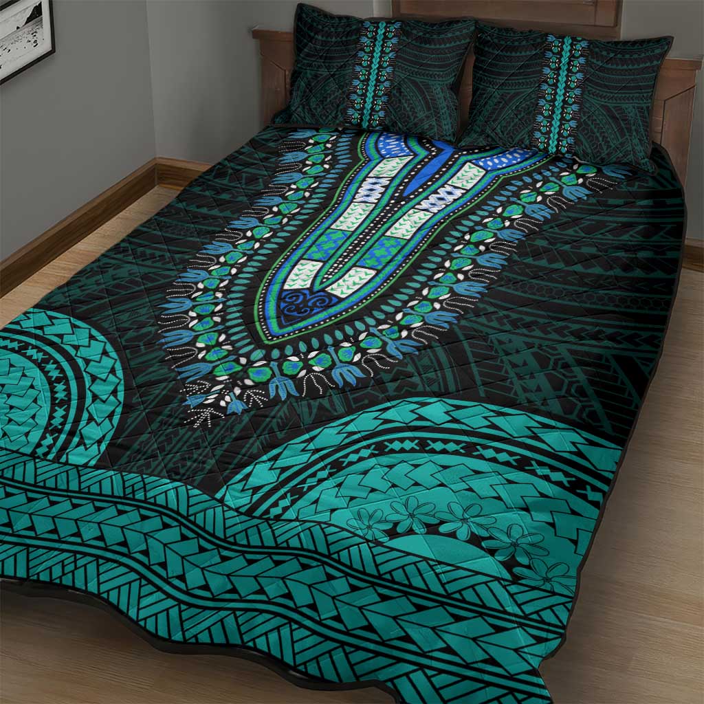 African Dashiki and Polynesian Pattern Quilt Bed Set Teal LT9