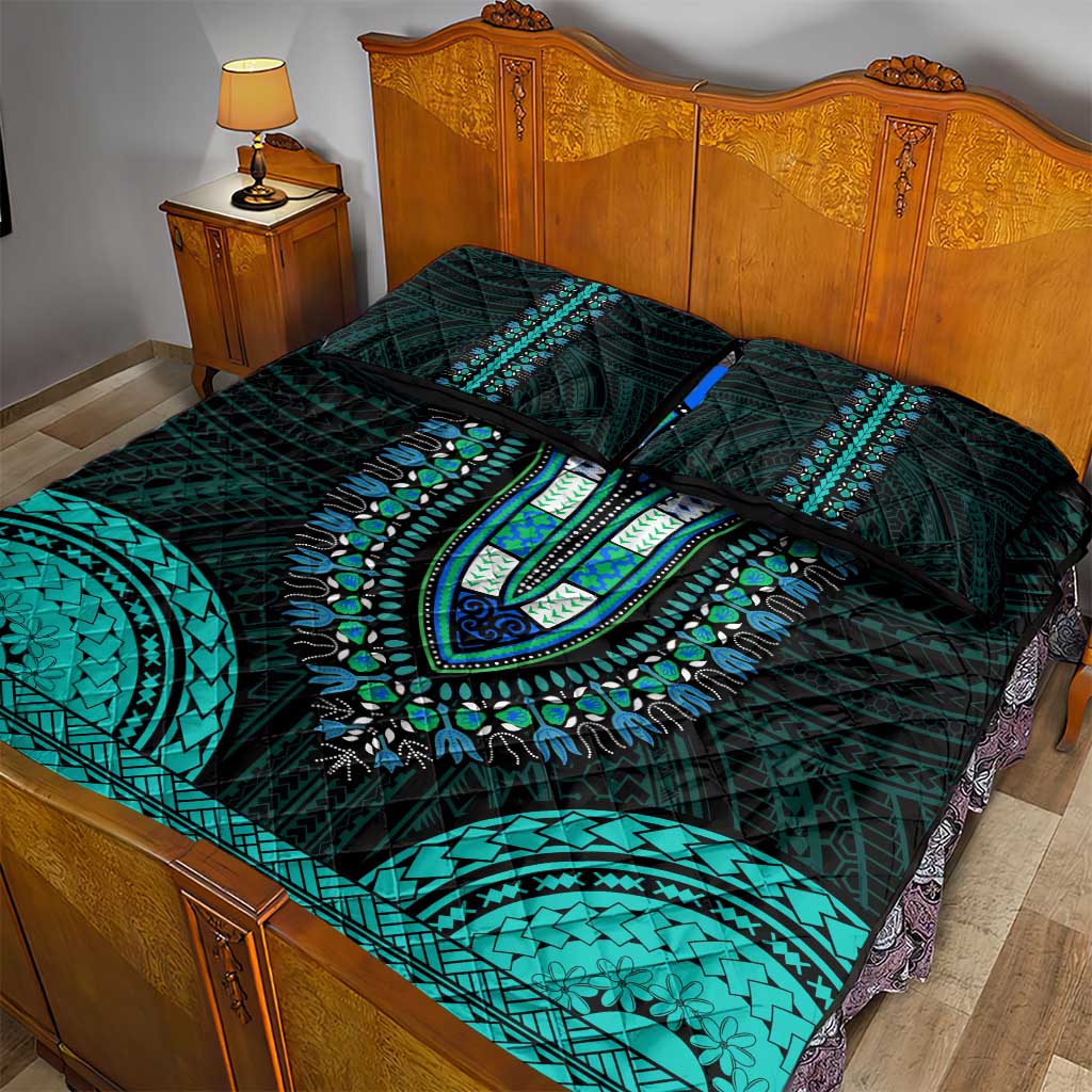African Dashiki and Polynesian Pattern Quilt Bed Set Teal LT9