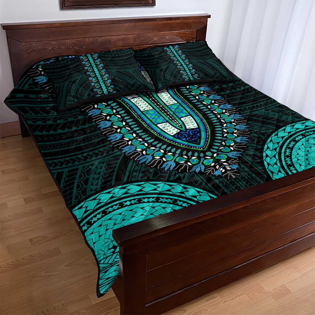 African Dashiki and Polynesian Pattern Quilt Bed Set Teal LT9