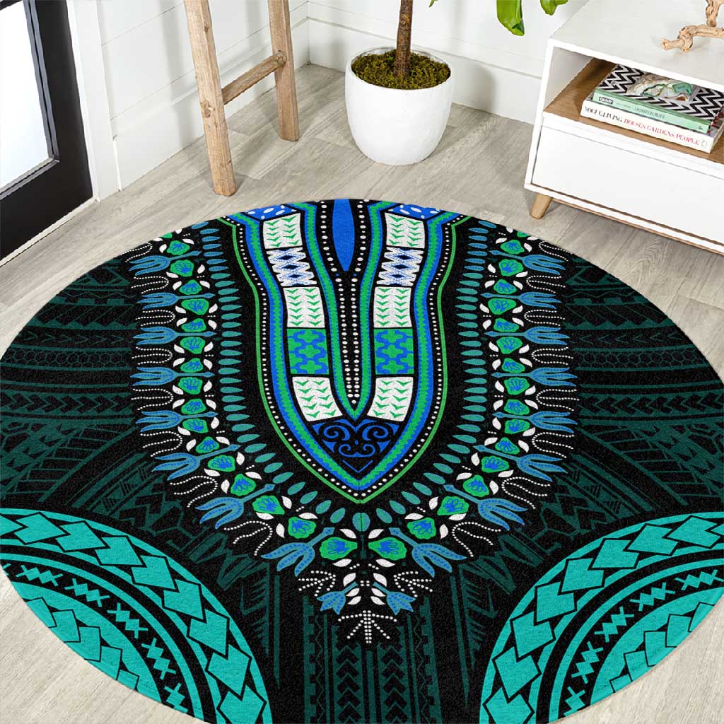 African Dashiki and Polynesian Pattern Round Carpet Teal LT9