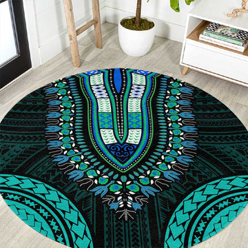 African Dashiki and Polynesian Pattern Round Carpet Teal LT9