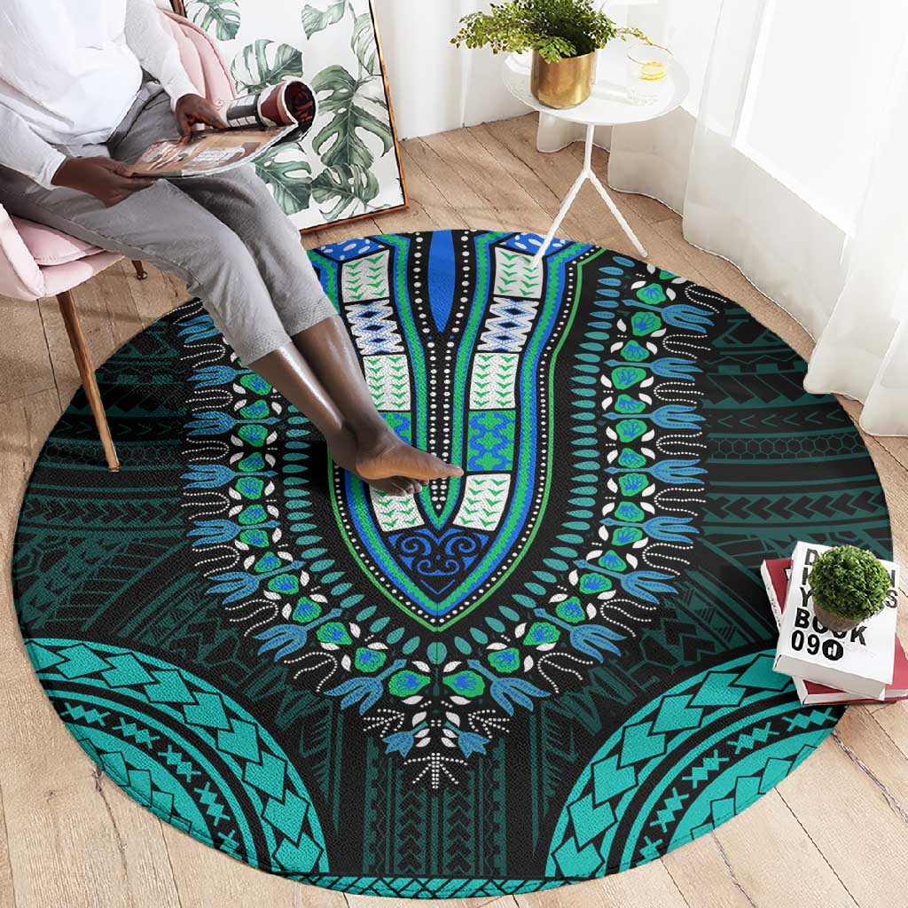 African Dashiki and Polynesian Pattern Round Carpet Teal LT9