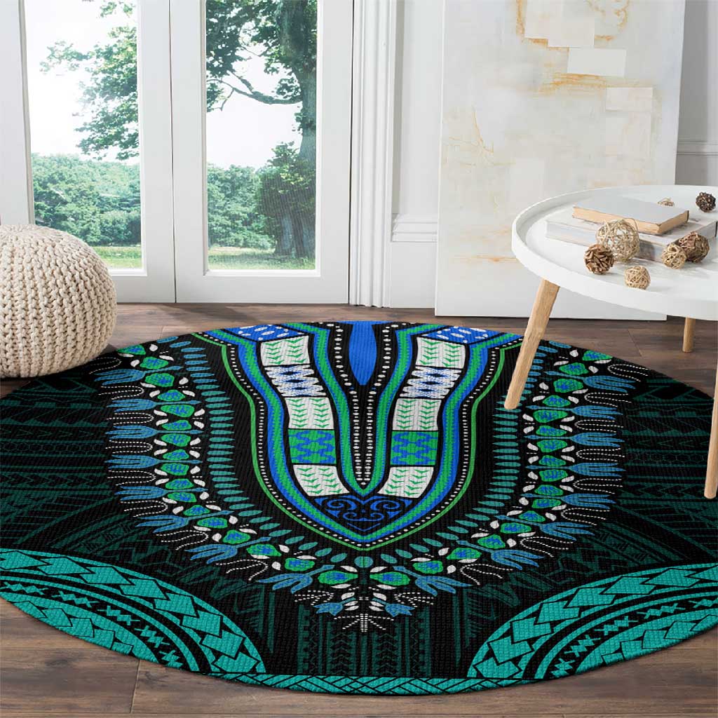 African Dashiki and Polynesian Pattern Round Carpet Teal LT9