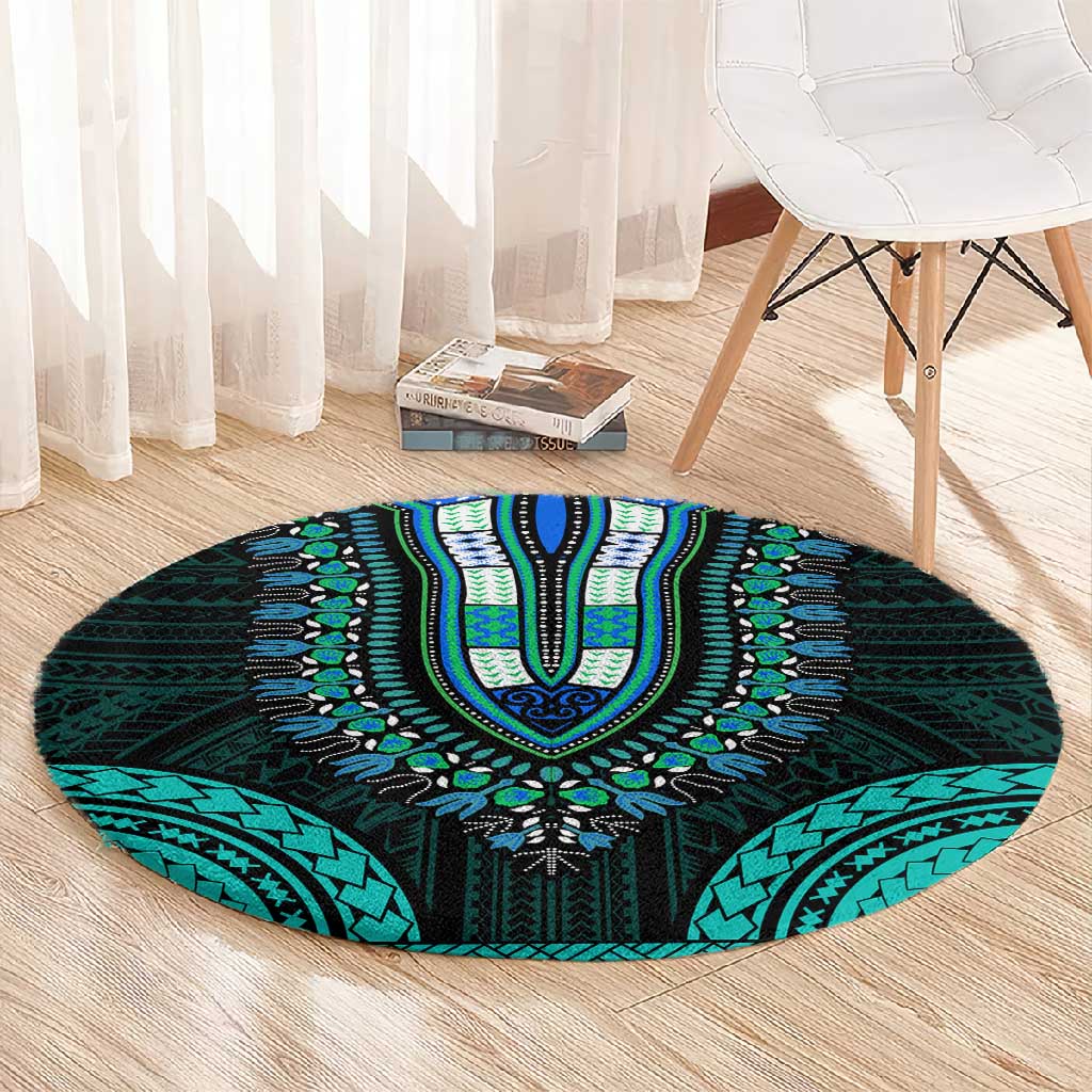 African Dashiki and Polynesian Pattern Round Carpet Teal LT9