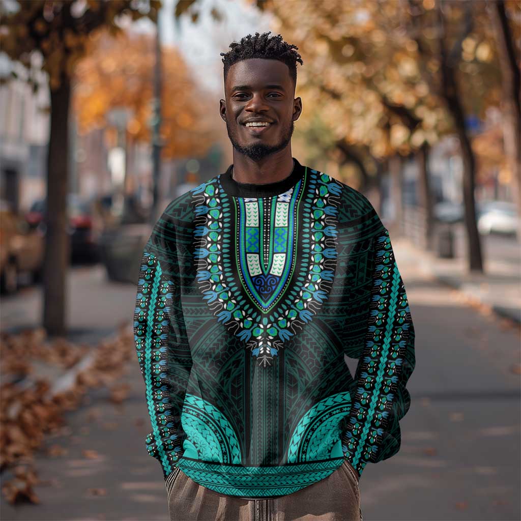 African Dashiki and Polynesian Pattern Sweatshirt Teal LT9
