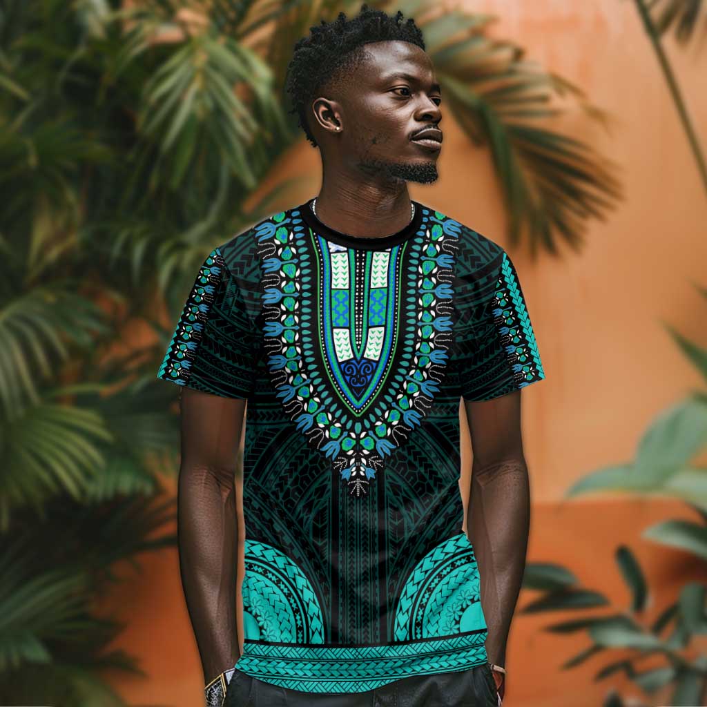 African Dashiki and Polynesian Pattern T shirt Teal LT9