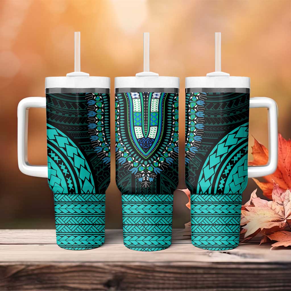 African Dashiki and Polynesian Pattern Tumbler With Handle Teal LT9