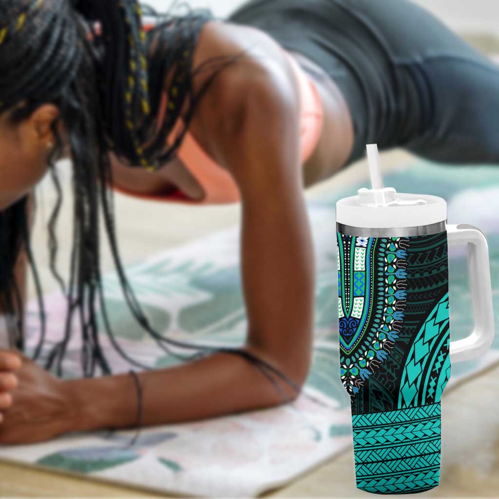 African Dashiki and Polynesian Pattern Tumbler With Handle Teal LT9