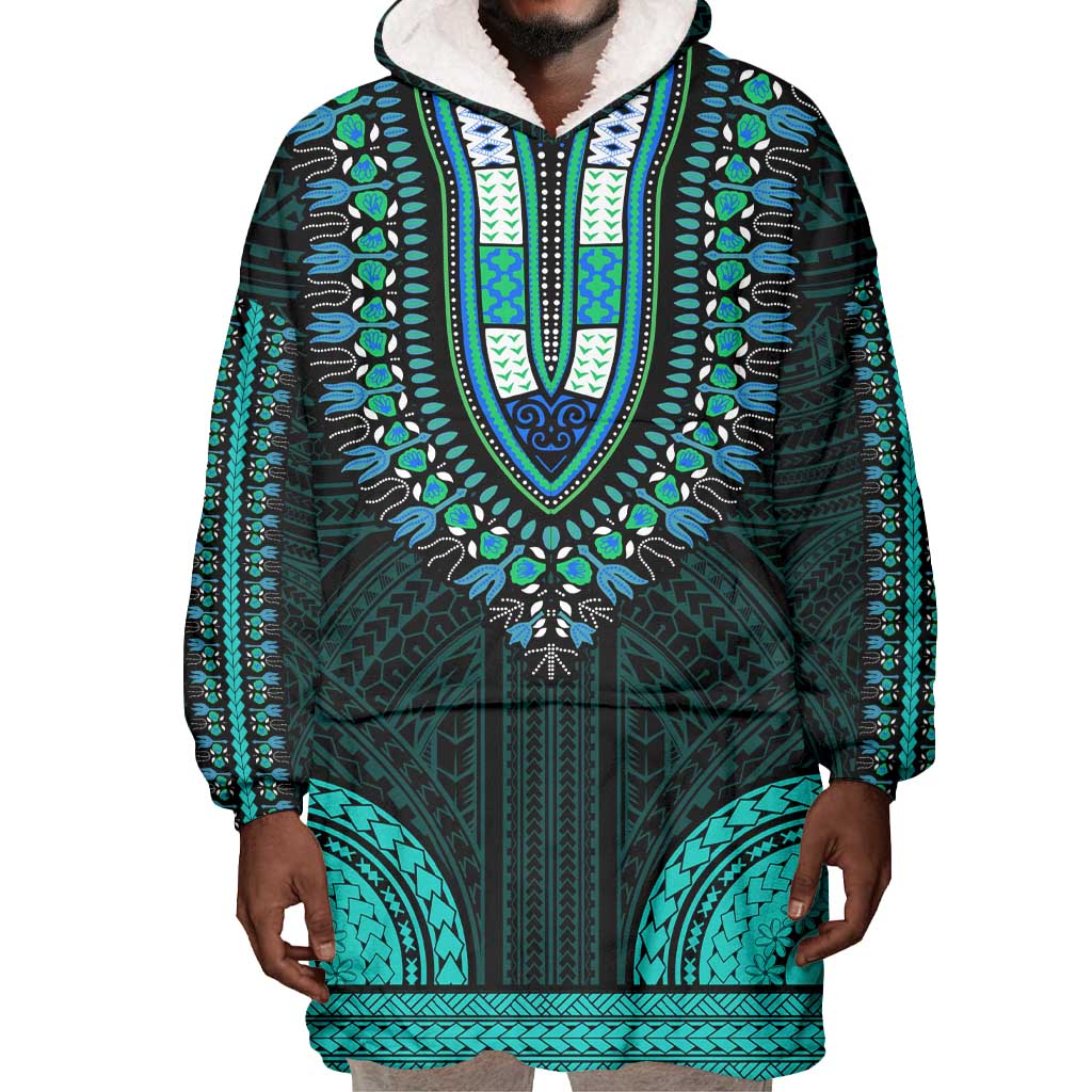 African Dashiki and Polynesian Pattern Wearable Blanket Hoodie Teal LT9