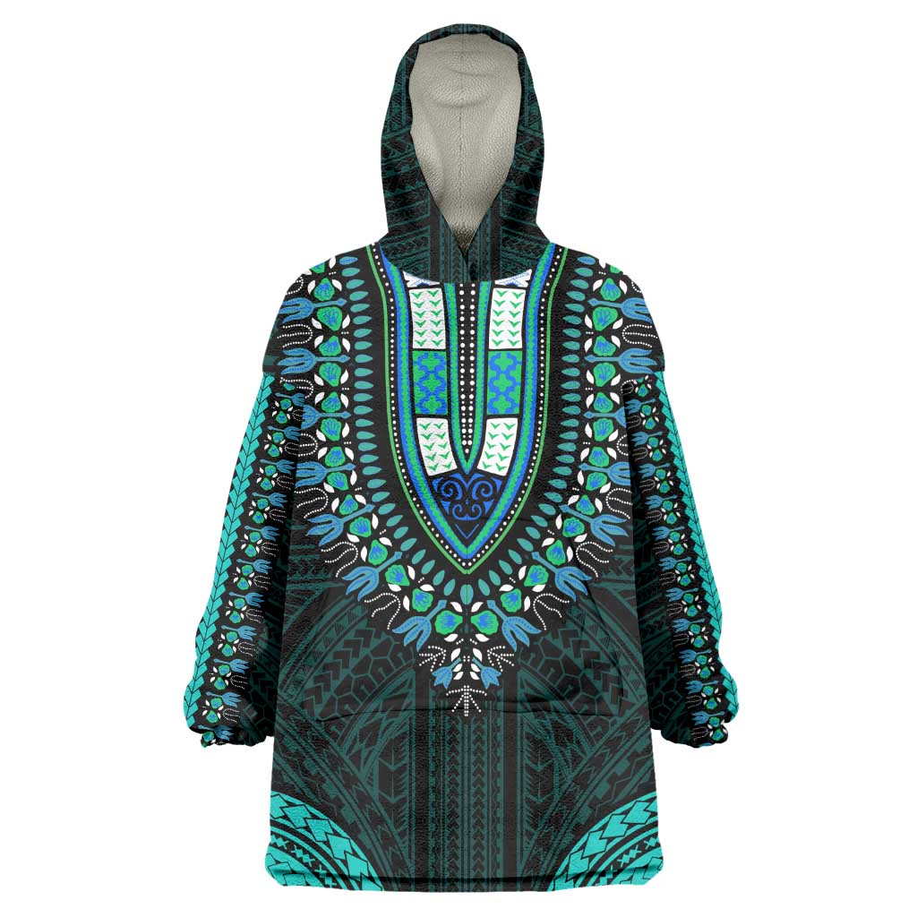 African Dashiki and Polynesian Pattern Wearable Blanket Hoodie Teal LT9