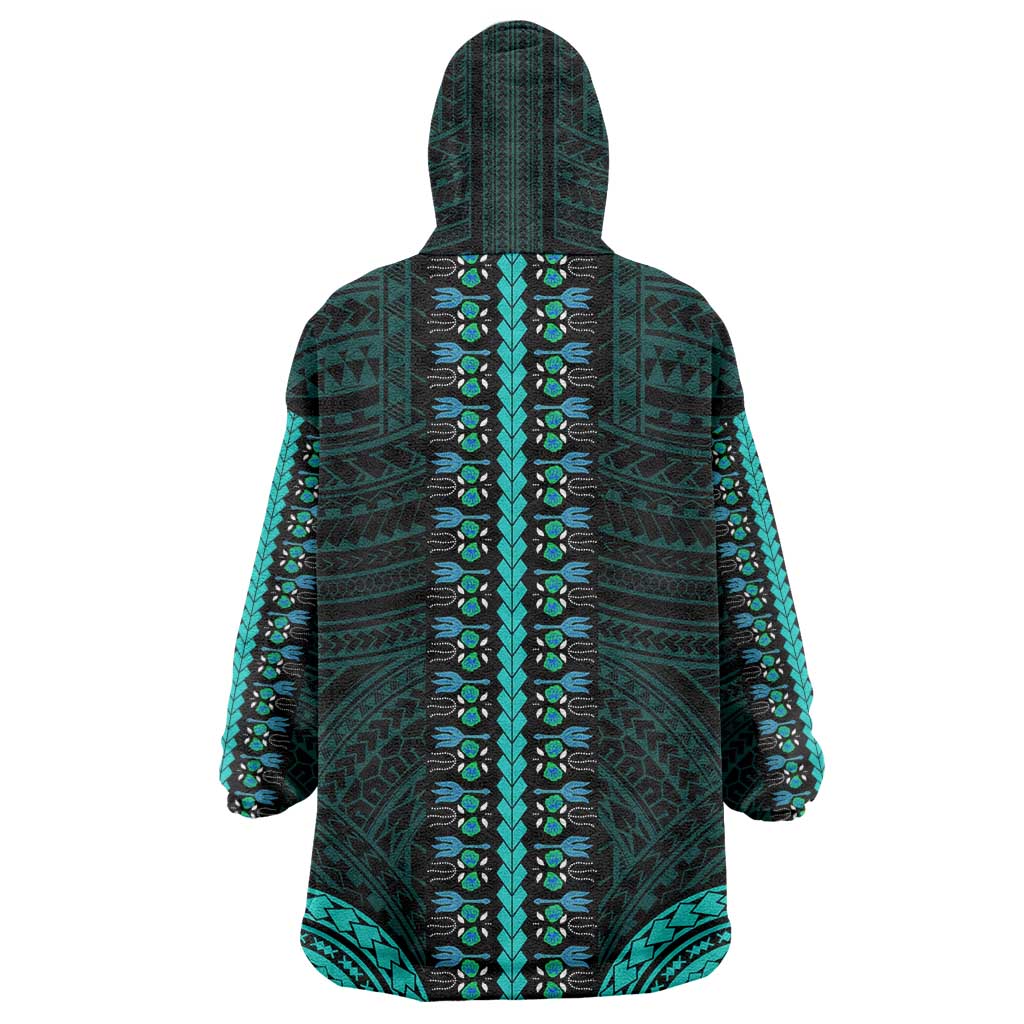 African Dashiki and Polynesian Pattern Wearable Blanket Hoodie Teal LT9