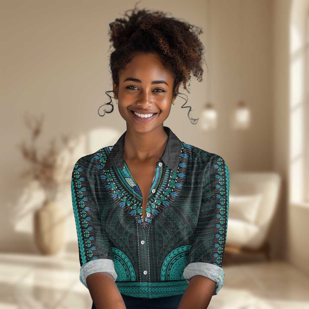 African Dashiki and Polynesian Pattern Women Casual Shirt Teal LT9