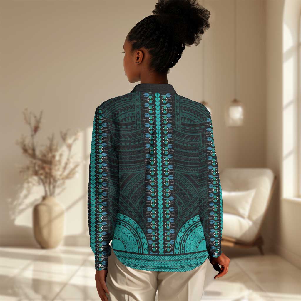 African Dashiki and Polynesian Pattern Women Casual Shirt Teal LT9