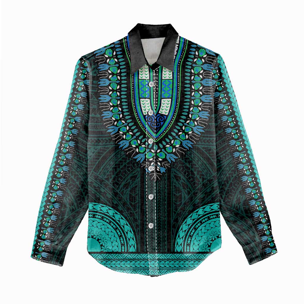African Dashiki and Polynesian Pattern Women Casual Shirt Teal LT9