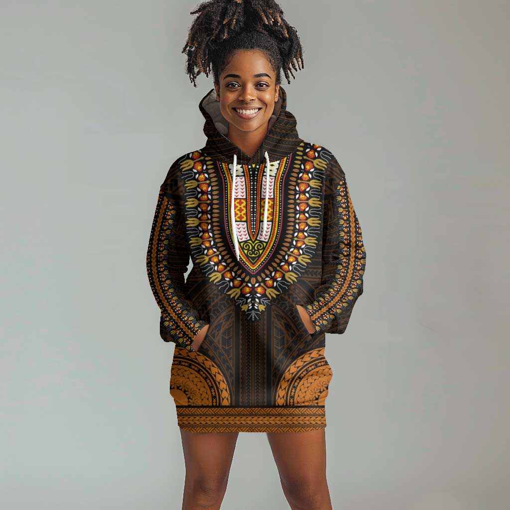 African Dashiki and Polynesian Pattern Hoodie Dress Gold LT9