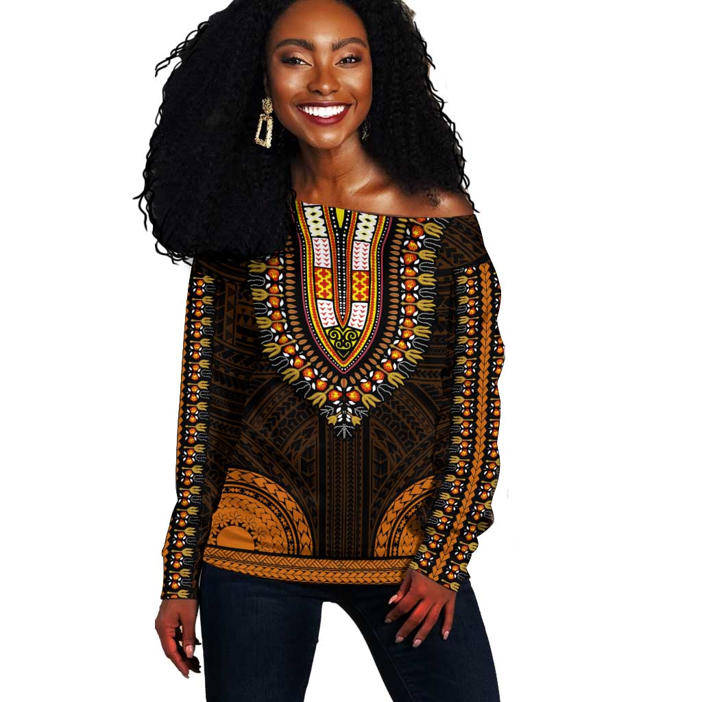 African Dashiki and Polynesian Pattern Off Shoulder Sweater Gold LT9