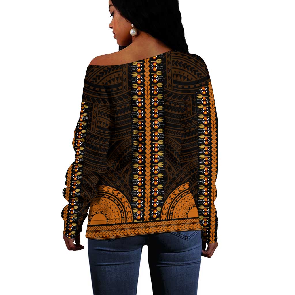 African Dashiki and Polynesian Pattern Off Shoulder Sweater Gold LT9