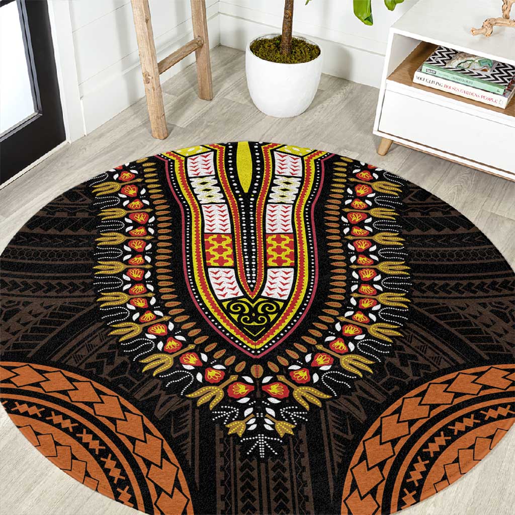 African Dashiki and Polynesian Pattern Round Carpet Gold LT9