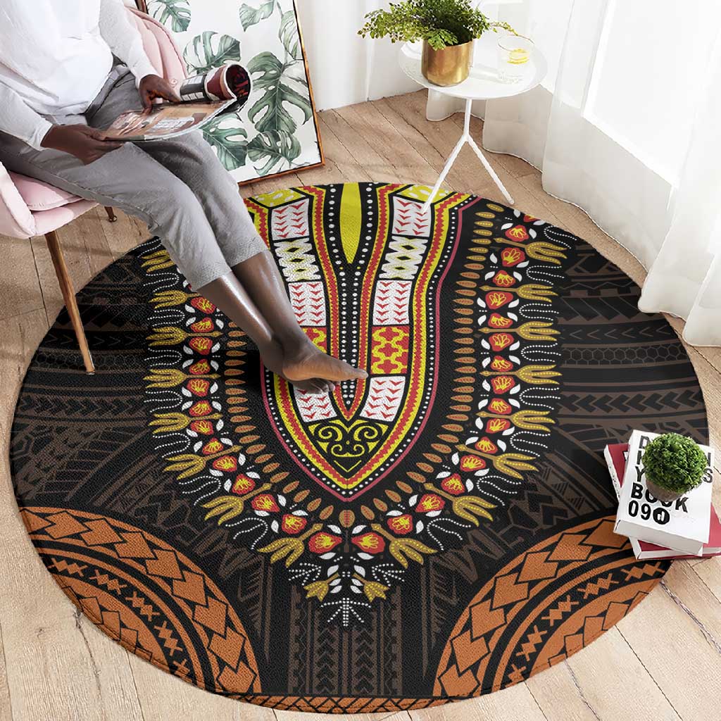 African Dashiki and Polynesian Pattern Round Carpet Gold LT9