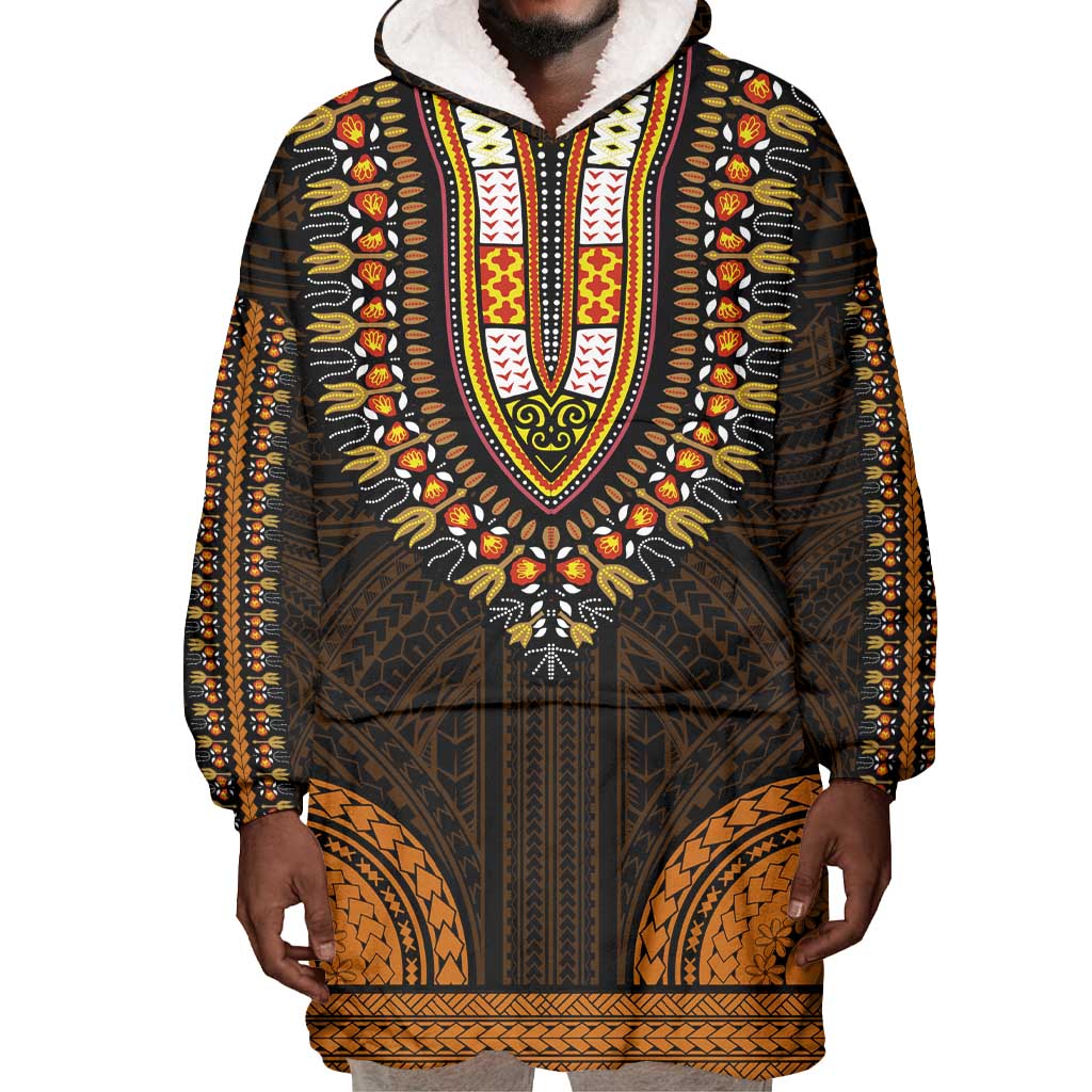 African Dashiki and Polynesian Pattern Wearable Blanket Hoodie Gold LT9