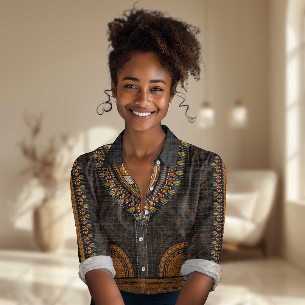 African Dashiki and Polynesian Pattern Women Casual Shirt Gold LT9