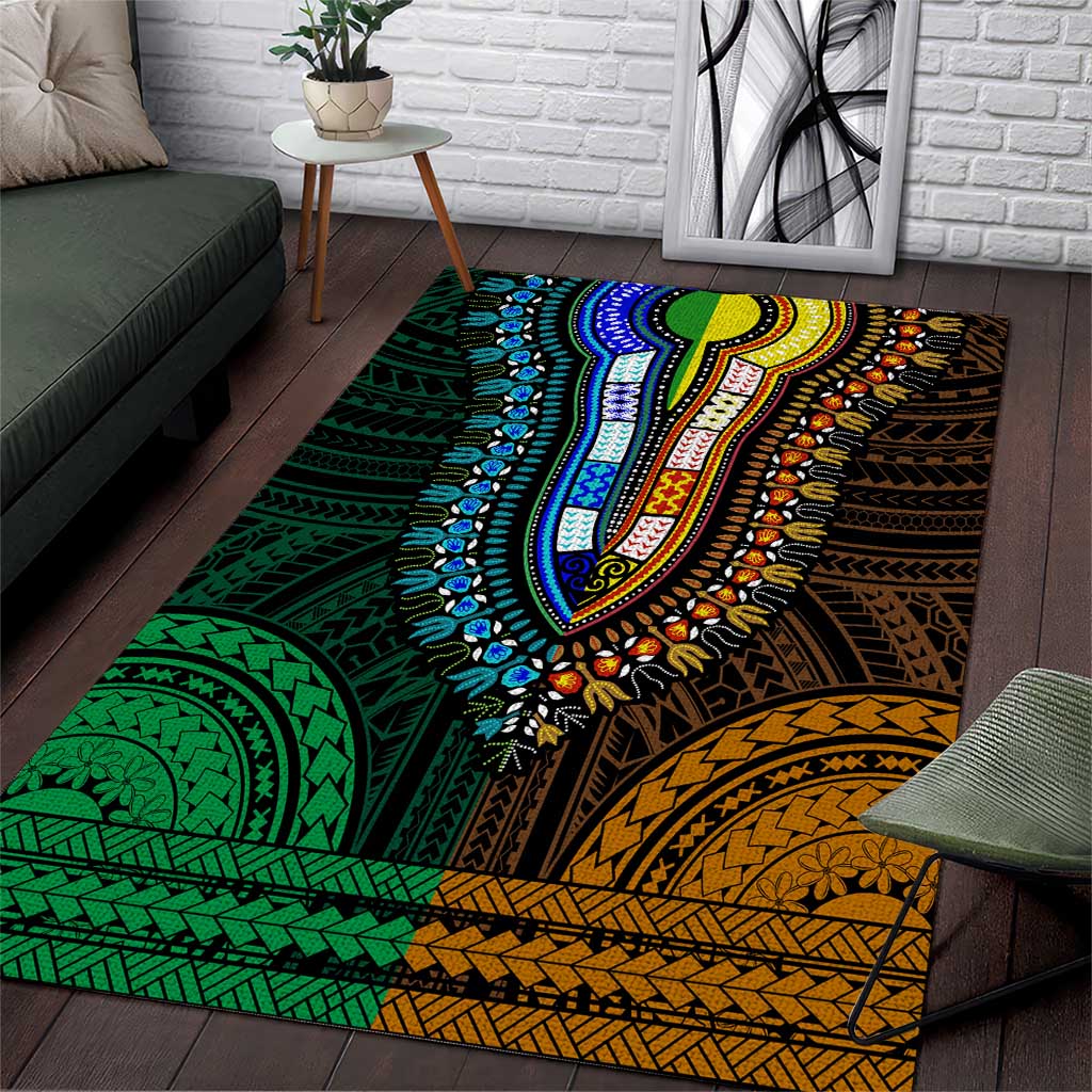 African Dashiki and Polynesian Pattern Area Rug Half Green-Gold LT9