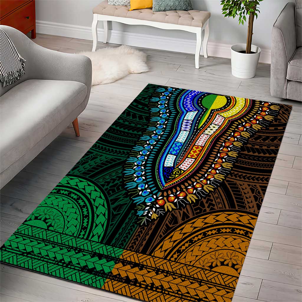 African Dashiki and Polynesian Pattern Area Rug Half Green-Gold LT9