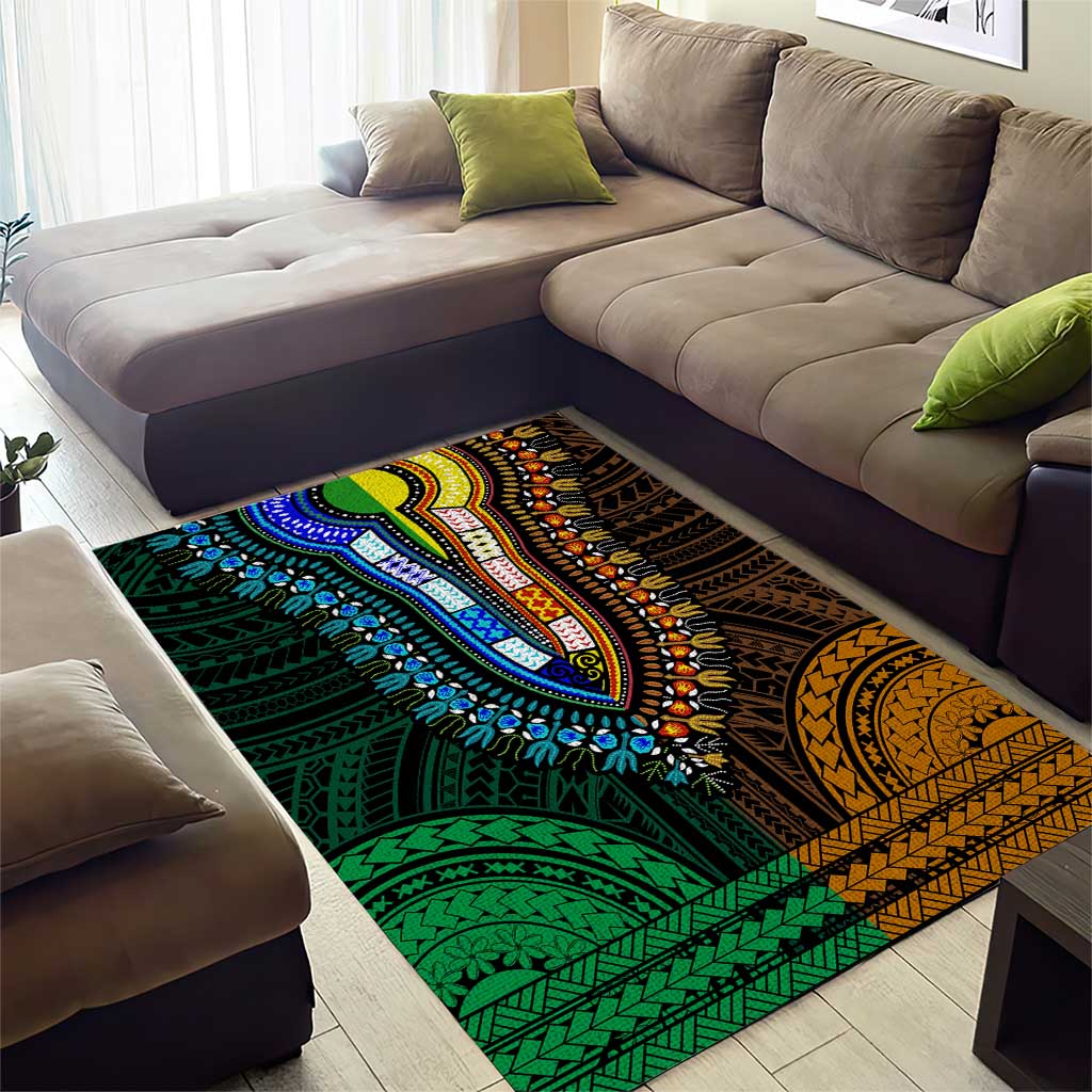 African Dashiki and Polynesian Pattern Area Rug Half Green-Gold LT9