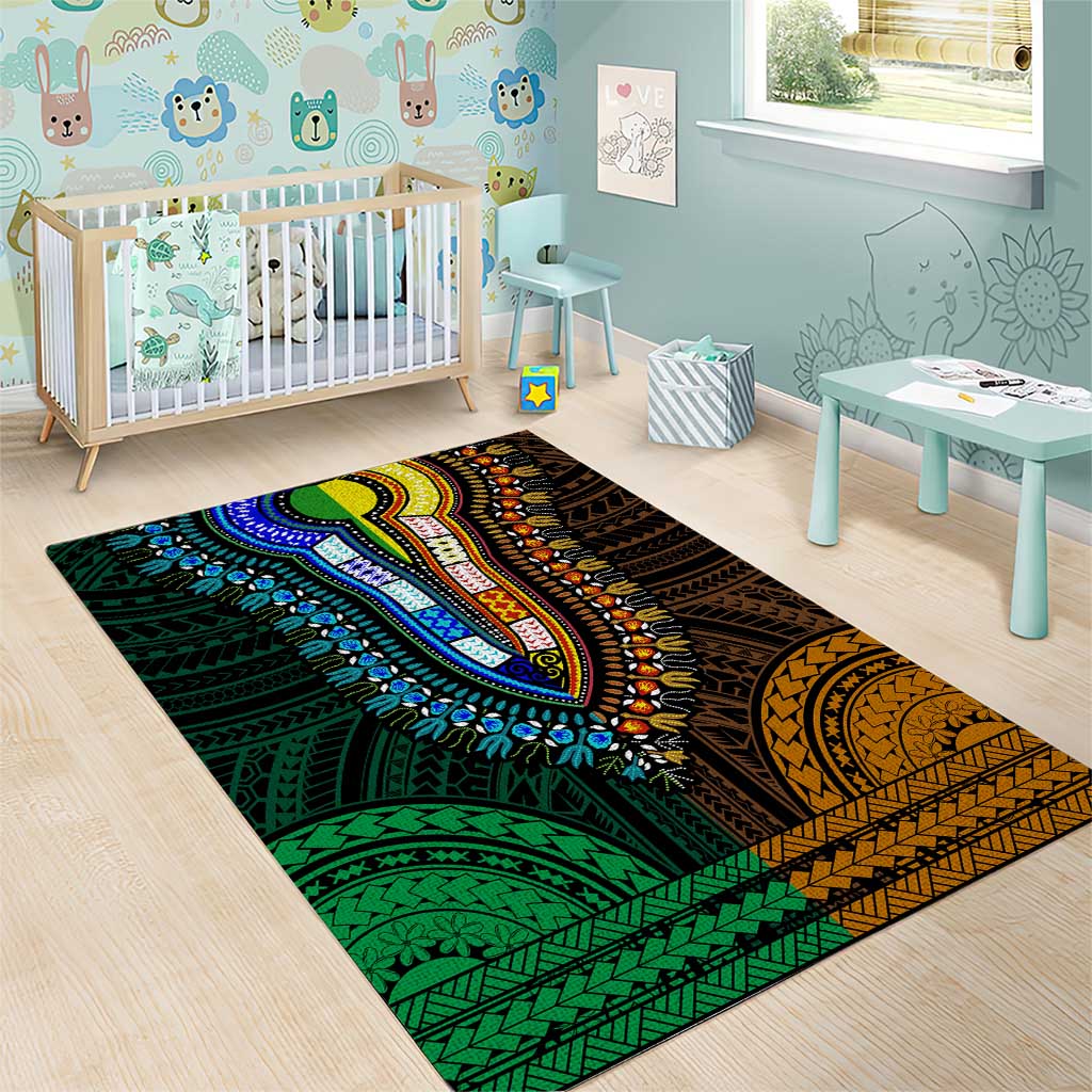 African Dashiki and Polynesian Pattern Area Rug Half Green-Gold LT9