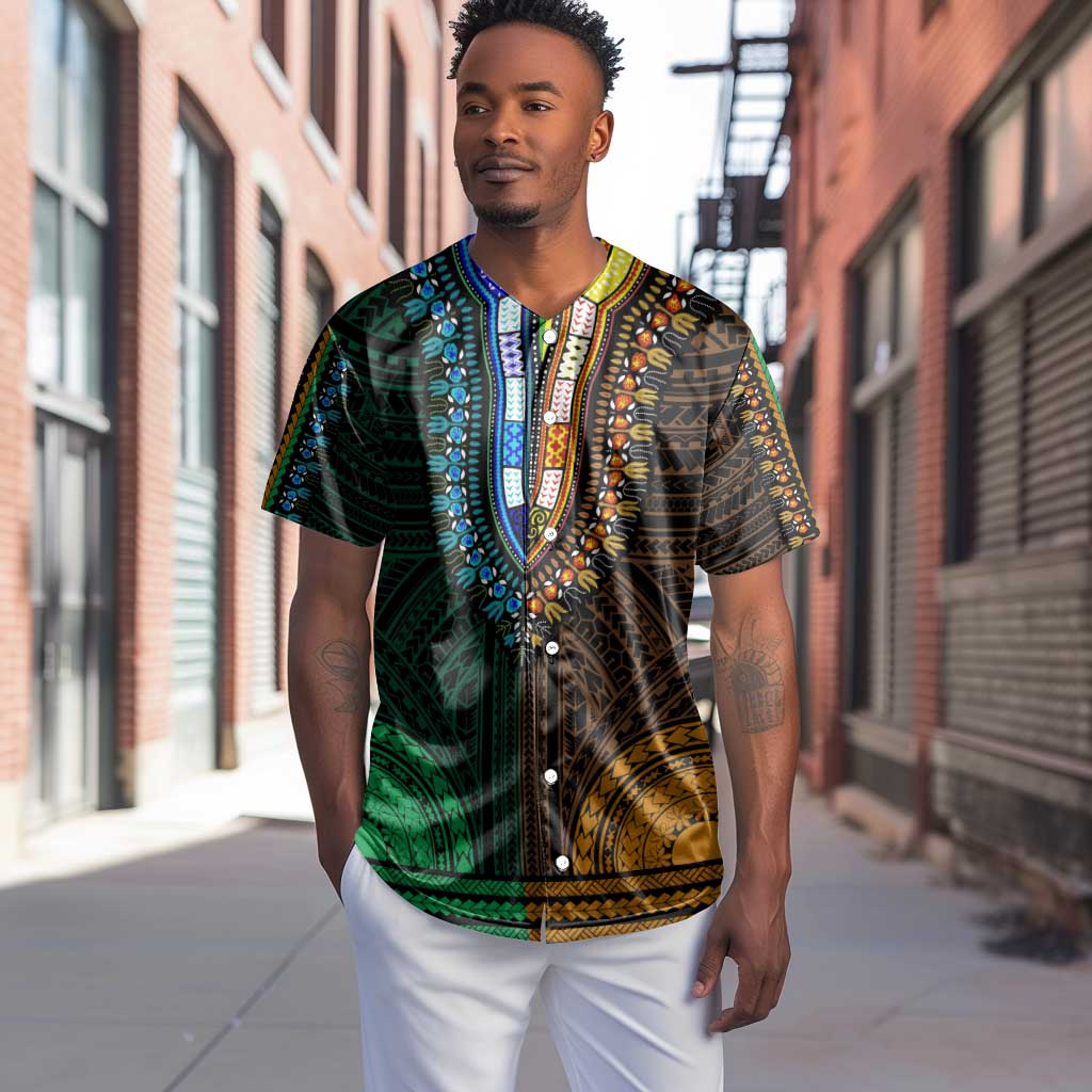 African Dashiki and Polynesian Pattern Baseball Jersey Half Green-Gold LT9