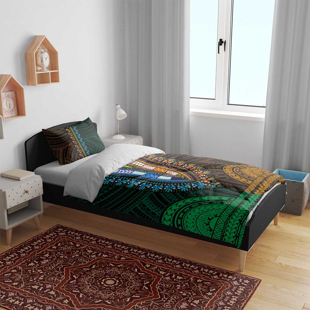 African Dashiki and Polynesian Pattern Bedding Set Half Green-Gold LT9