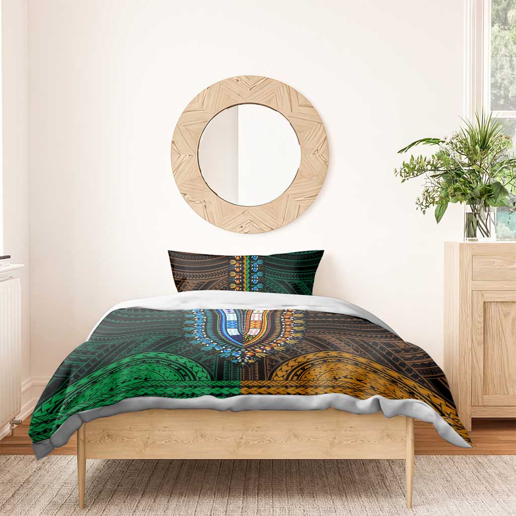 African Dashiki and Polynesian Pattern Bedding Set Half Green-Gold LT9