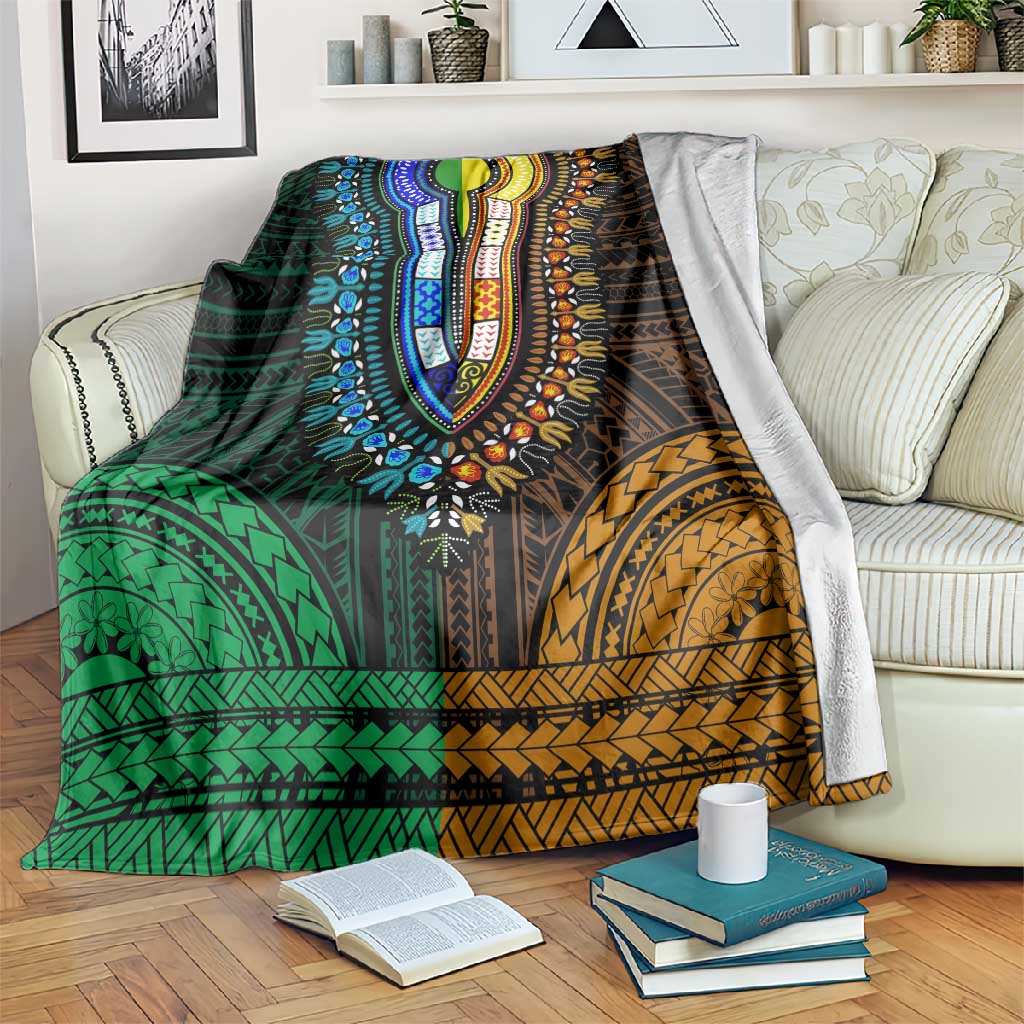 African Dashiki and Polynesian Pattern Blanket Half Green-Gold LT9