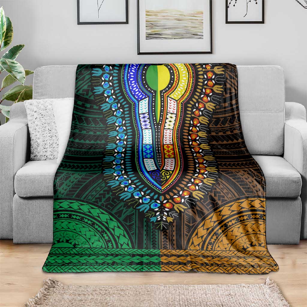 African Dashiki and Polynesian Pattern Blanket Half Green-Gold LT9