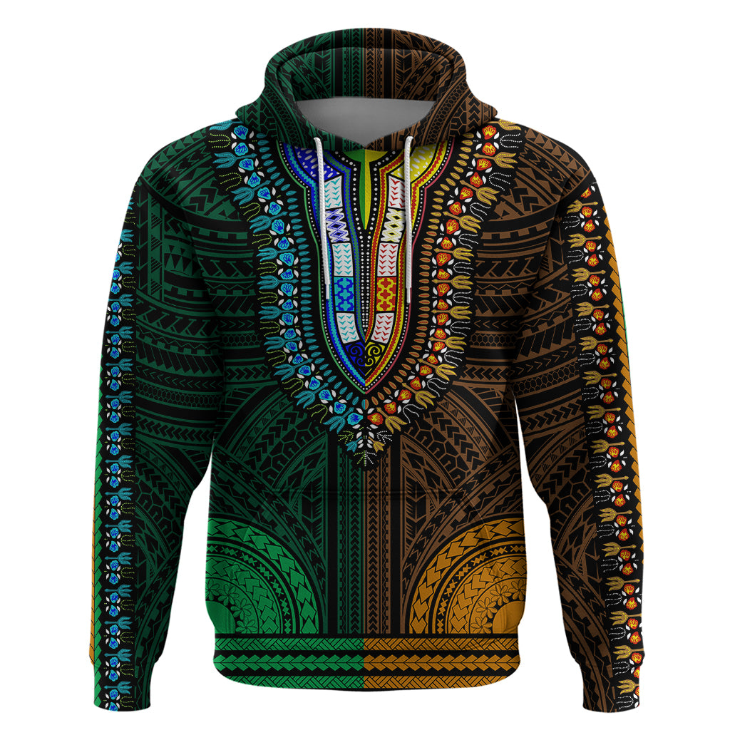 African Dashiki Hoodie With Polynesian Pattern - Half Green and Gold LT9