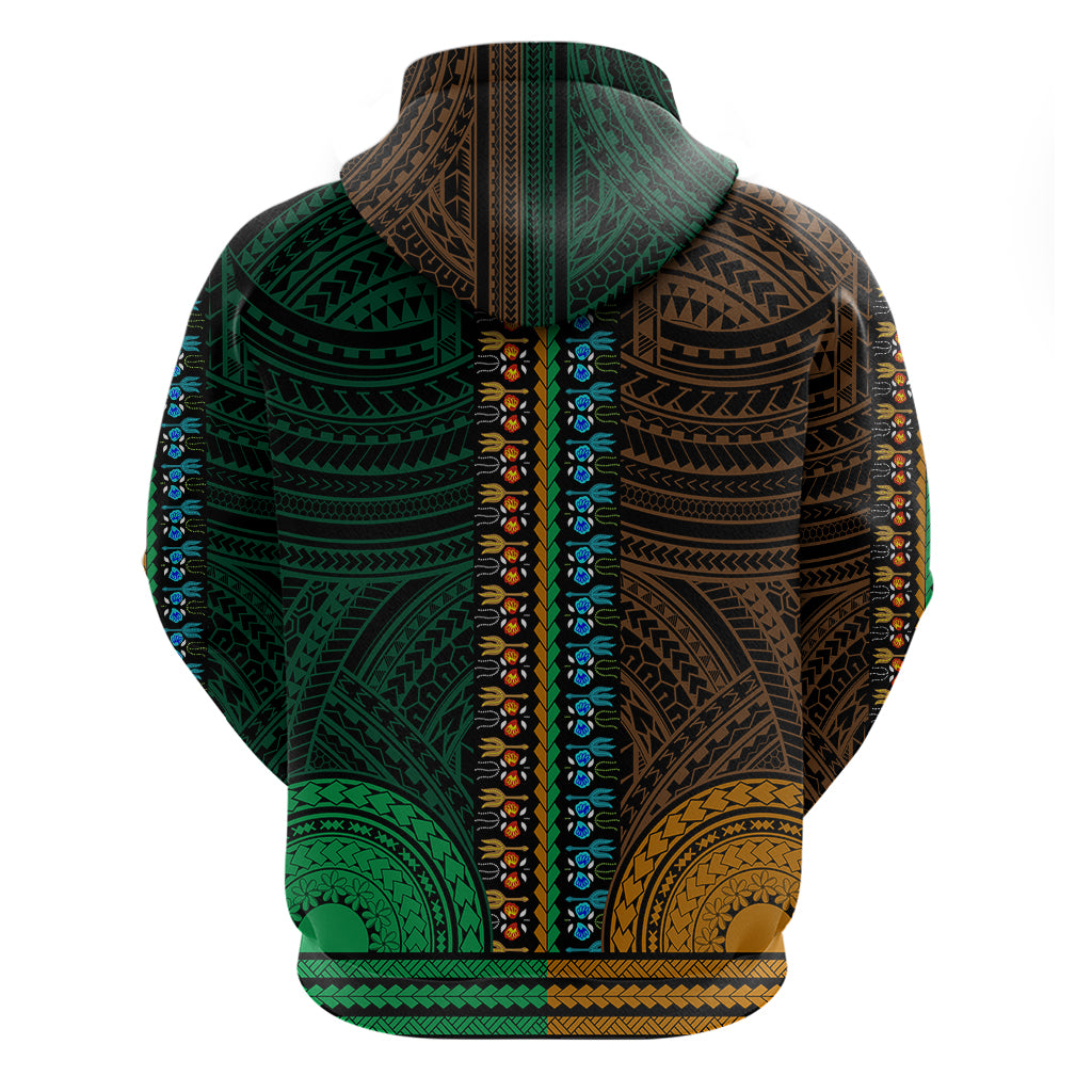 African Dashiki Hoodie With Polynesian Pattern - Half Green and Gold LT9