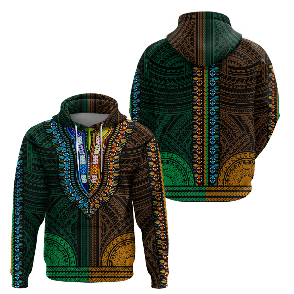 African Dashiki Hoodie With Polynesian Pattern - Half Green and Gold LT9