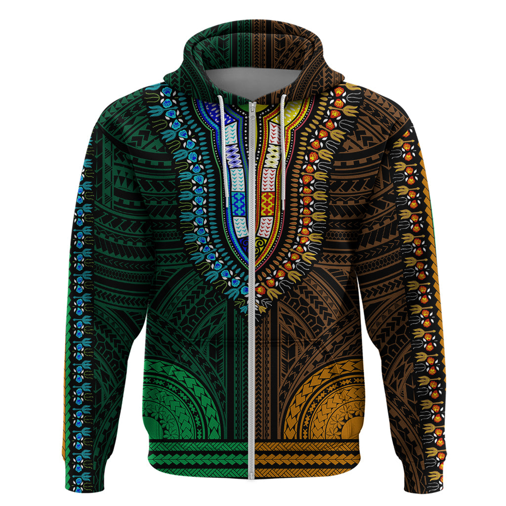 African Dashiki Hoodie With Polynesian Pattern - Half Green and Gold LT9